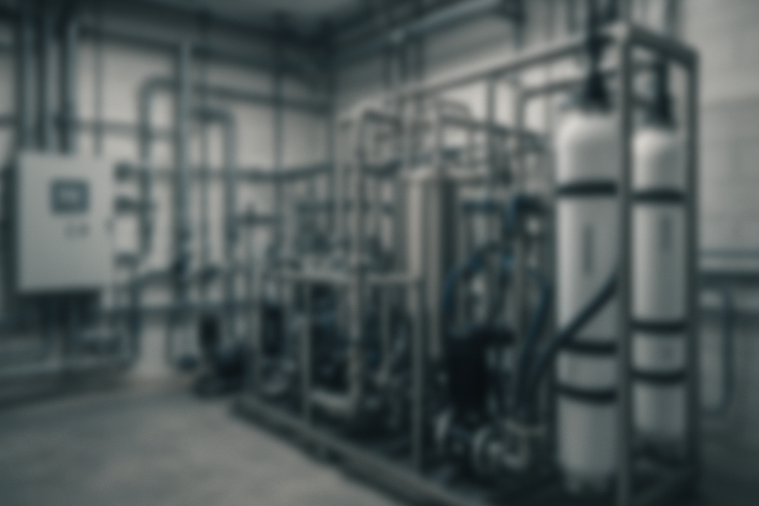 Blurred industrial car wash backroom equipment with pumps, RO vessels, piping and controls, symbolizing system complexity, hidden failure points, and downtime risk.