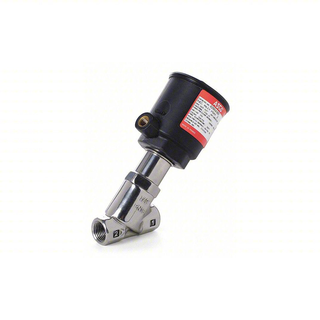 ASCO 8290A394 - Angle Body Piston Valve -Standard Voltage: 2-Way, Normally Closed, 3/4 in. Pipe Size, Stainless Body, PTFE Seal